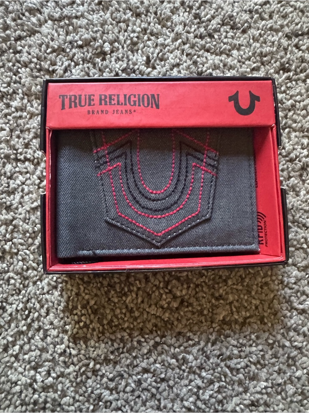 True Religion Black Denim Wallet with Red Stitch Accents NIB